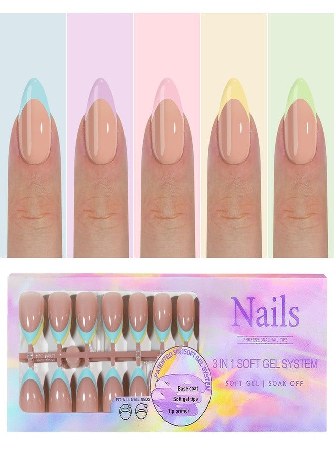 Wsimily 150 Pcs French Tip Press on Nails Short Almond, Wsimily 5 Colors Reusable Acrylic French Fake Nails Colorful Glossy False Nails Full Cover Nails for Women Nail Art DIY 15 Sizes - Image 1